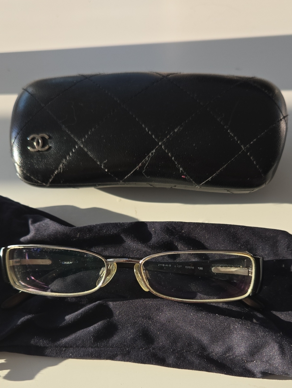 CHANEL Black Quilted Eyeglasses Case with Silver CC Accent